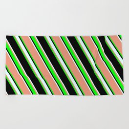 [ Thumbnail: Dark Salmon, Lime, Black & Light Cyan Colored Lines/Stripes Pattern Beach Towel ]
