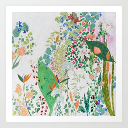 Painterly Floral Jungle on Pink and White Art Print