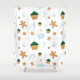 Christmas Atributes - Gingerman, Cupcakes, Christmas Treee and Cups, Winter Holidays Seamless Pattern Shower Curtain