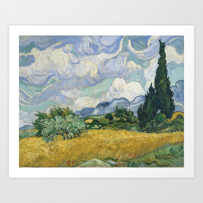 Wheat Field with Cypresses by Vincent van Gogh Farmhouse Aesthetic Blue Emerald Green Golden Yellow Art Print