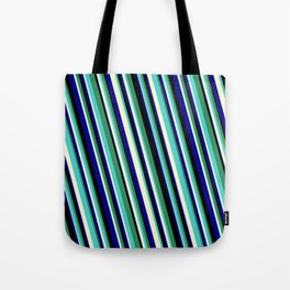 [ Thumbnail: Eyecatching Sea Green, Turquoise, Light Yellow, Dark Blue, and Black Colored Stripes/Lines Pattern Tote Bag ]