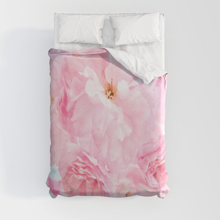 Soft Blue Sky with Pink Peonies Duvet Cover