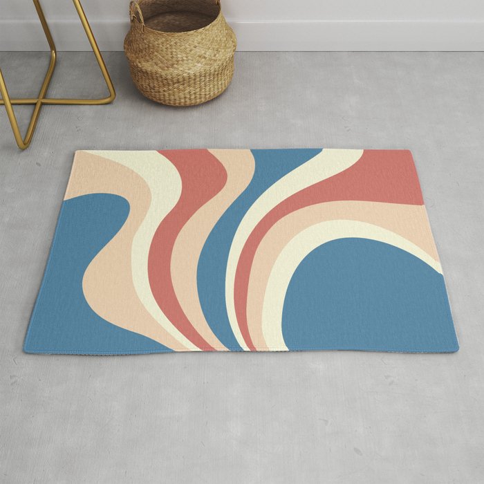 Retro Abstract Waves Celadon Blue, Light Yellow, Peach and Salmon Pink Rug