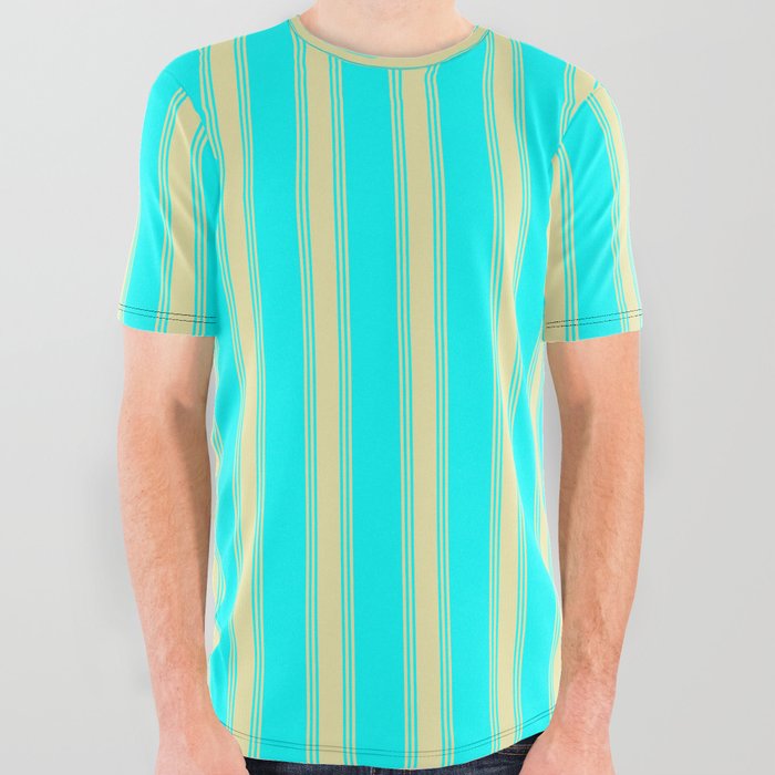 Aqua and Pale Goldenrod Colored Lined Pattern All Over Graphic Tee