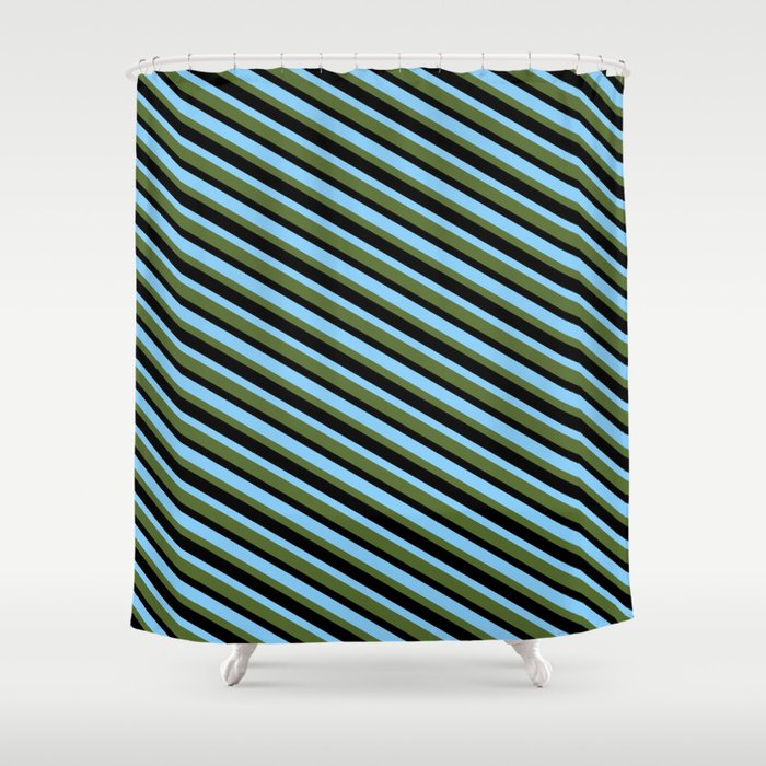 Light Sky Blue, Dark Olive Green, and Black Colored Lines/Stripes Pattern Shower Curtain