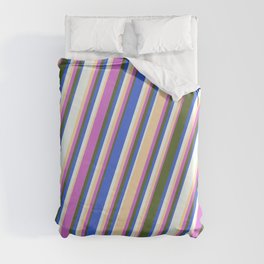 [ Thumbnail: Orchid, Dark Olive Green, Royal Blue, Mint Cream, and Tan Colored Stripes Pattern Duvet Cover ]