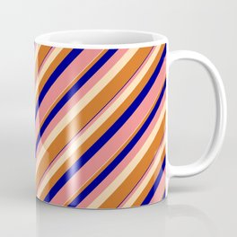 [ Thumbnail: Blue, Light Coral, Tan & Chocolate Colored Lined/Striped Pattern Coffee Mug ]