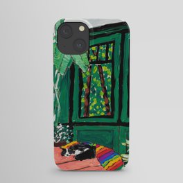 Sleeping Tuxedo Cat in Emerald Green and Coral Rose Pink Garden Room Modernist Painting iPhone Case