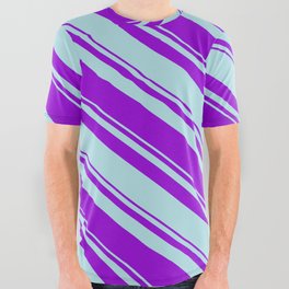 [ Thumbnail: Dark Violet & Powder Blue Colored Lined/Striped Pattern All Over Graphic Tee ]
