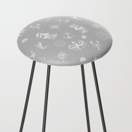 Light Grey And White Silhouettes Of Vintage Nautical Pattern Counter Stool