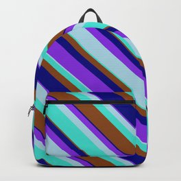 [ Thumbnail: Eyecatching Purple, Light Blue, Turquoise, Brown & Blue Colored Striped Pattern Backpack ]