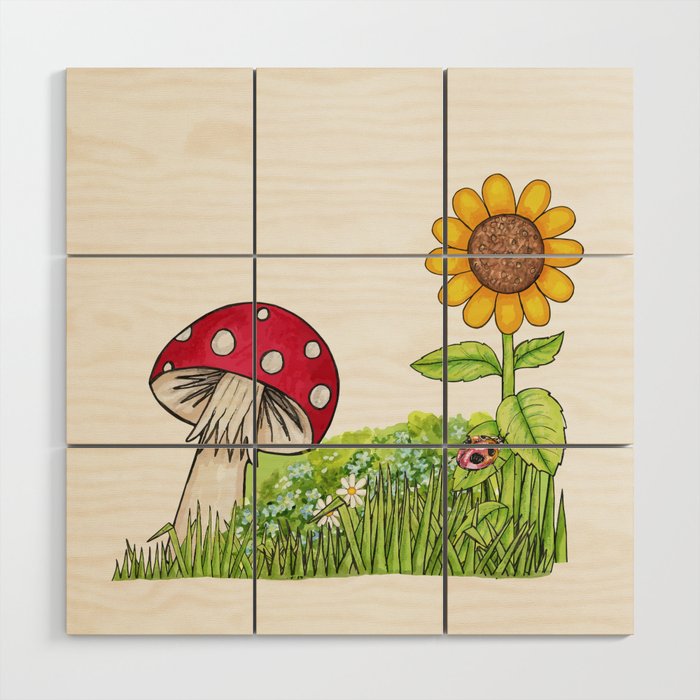 Ladybug Mushroom and Sunflower Wood Wall Art