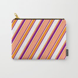 [ Thumbnail: Light Salmon, Purple, White, and Dark Orange Colored Stripes Pattern Carry-All Pouch ]