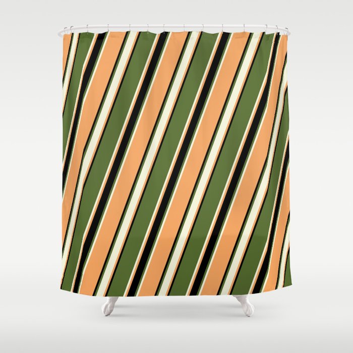 Dark Olive Green, Beige, Brown & Black Colored Pattern of Stripes Shower Curtain