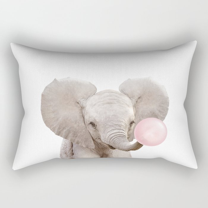 Baby Elephant Blowing Bubble Gum, Pink Nursery, Baby Animals Art Print by Synplus Rectangular Pillow