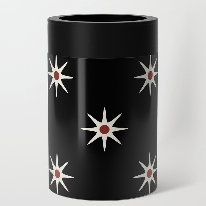 Atomic mid century retro star flower pattern in black background Can Cooler