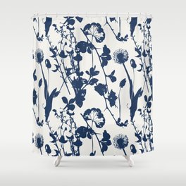 Field and Flora Silhouettes, Navy on Ivory Shower Curtain | Cotton, Walking, Cottage Core, Navy, Graphicdesign, Dandelion, Dried Flowers, Pattern, Flora, Field 