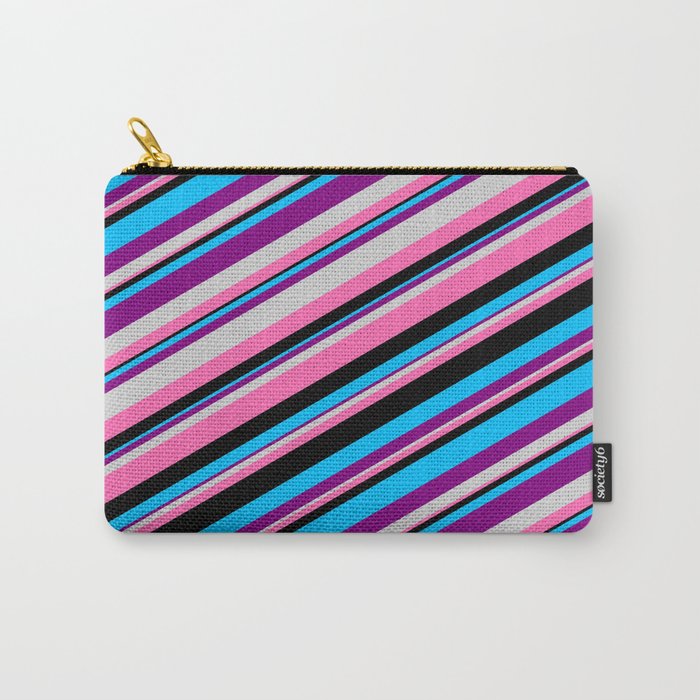 Eyecatching Deep Sky Blue, Purple, Light Grey, Hot Pink, and Black Colored Lined Pattern Carry-All Pouch