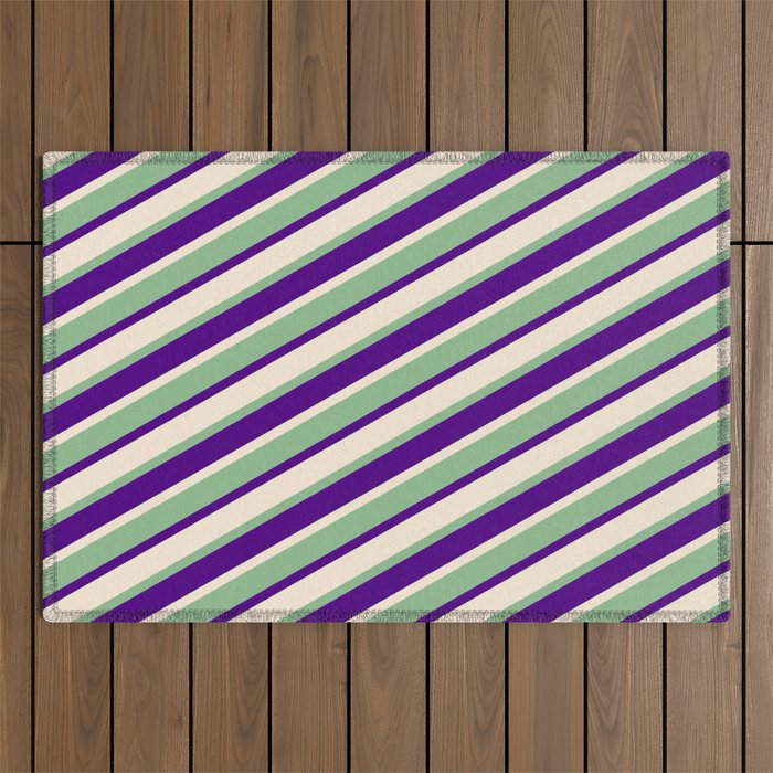 Dark Sea Green, Indigo, and Beige Colored Lines/Stripes Pattern Outdoor Rug