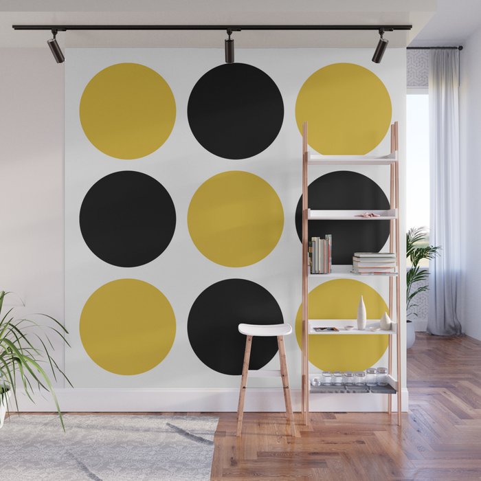 Mid Century Modern Polka Dot Pattern 9 Black and Yellow Wall Mural by