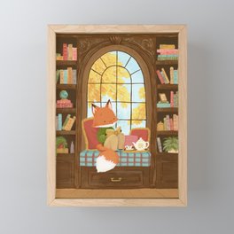 Cozy Autumn Library Fox Framed Mini Art Print