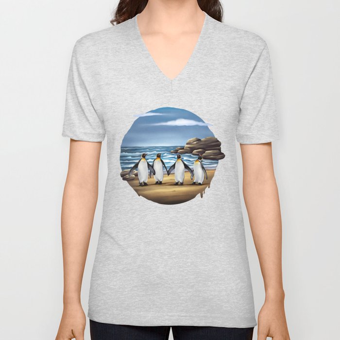King Penguins walking on the Beach V Neck T Shirt