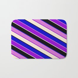 [ Thumbnail: Colorful Orchid, Dark Violet, Beige, Black, and Blue Colored Lined Pattern Bath Mat ]