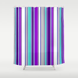 [ Thumbnail: Eyecatching Turquoise, Dark Violet, Grey, Indigo, and White Colored Pattern of Stripes Shower Curtain ]