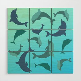 Playful Dolphins on Aquamarine Background Wood Wall Art