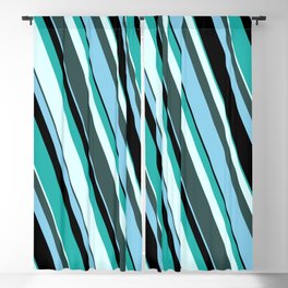 [ Thumbnail: Light Sea Green, Light Cyan, Dark Slate Gray, Sky Blue, and Black Colored Striped/Lined Pattern Blackout Curtain ]