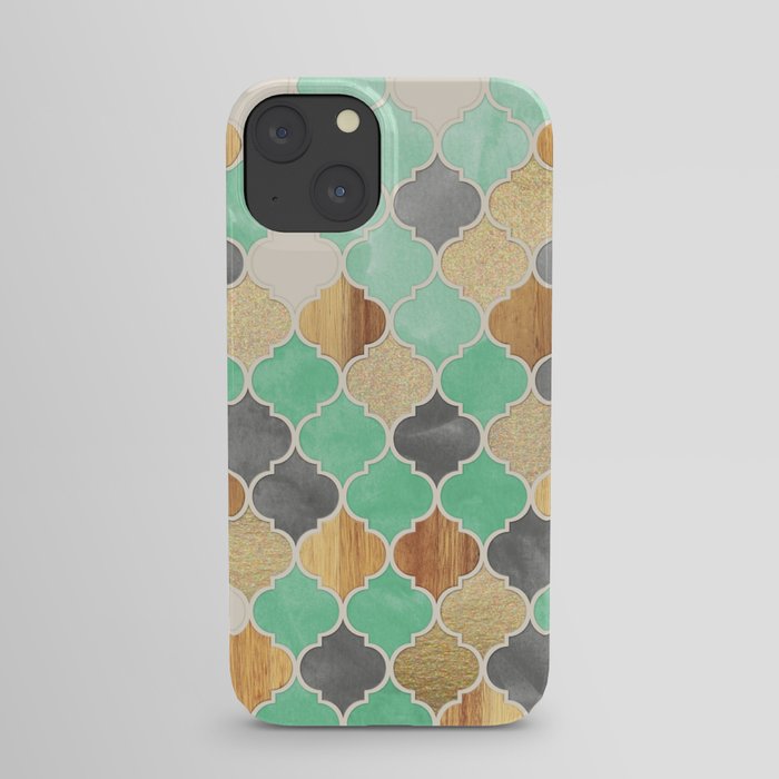 Charcoal, Mint, Wood & Gold Moroccan Pattern iPhone Case