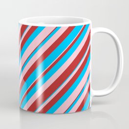 [ Thumbnail: Deep Sky Blue, Pink, and Red Colored Lined/Striped Pattern Coffee Mug ]