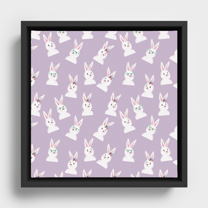 Easter Bunny With Glasses And Flowers Pattern Lavander Framed Canvas