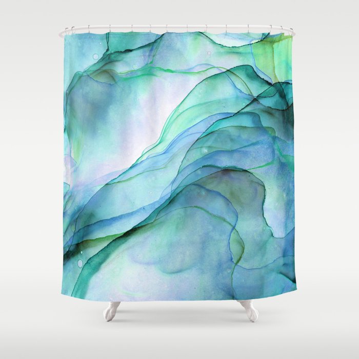 Aqua Turquoise Teal Abstract Ink Painting Shower Curtain