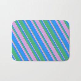 [ Thumbnail: Blue, Sea Green, and Plum Colored Pattern of Stripes Bath Mat ]