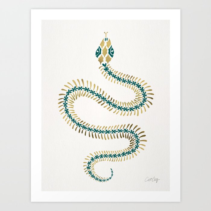Snake Skeleton – Emerald & Gold Art Print