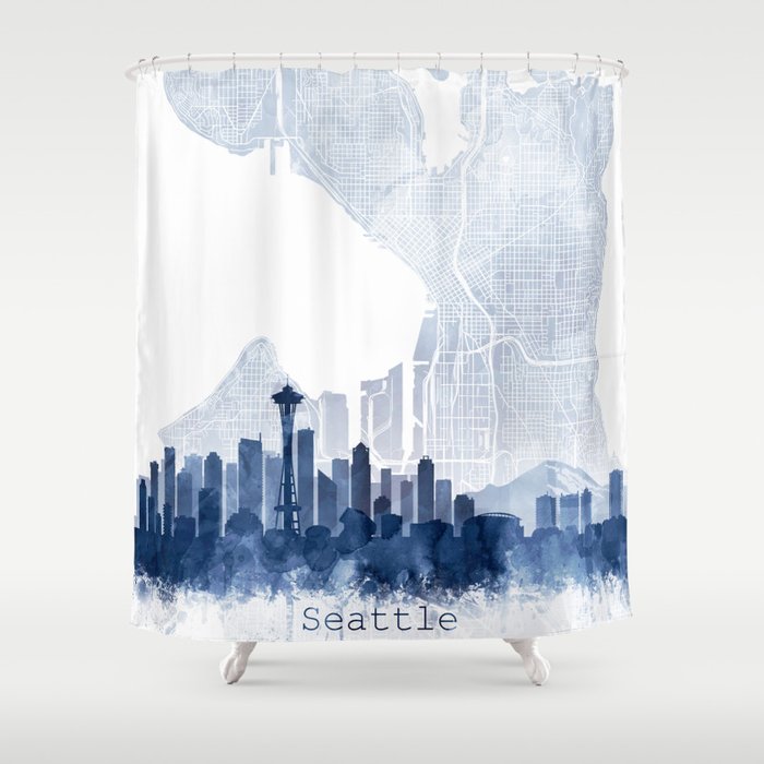 Seattle Skyline & Map Watercolor Navy Blue, Print by Zouzounio Art Shower Curtain
