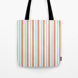 [ Thumbnail: Dark Salmon & Light Cyan Colored Lines/Stripes Pattern Tote Bag ]