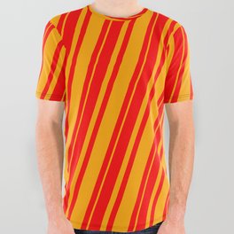 [ Thumbnail: Red & Orange Colored Pattern of Stripes All Over Graphic Tee ]