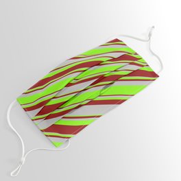 [ Thumbnail: Dark Red, Grey & Chartreuse Colored Lined/Striped Pattern Face Mask ]