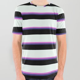 [ Thumbnail: Orchid, Dark Slate Blue, Black & Mint Cream Colored Lines/Stripes Pattern All Over Graphic Tee ]