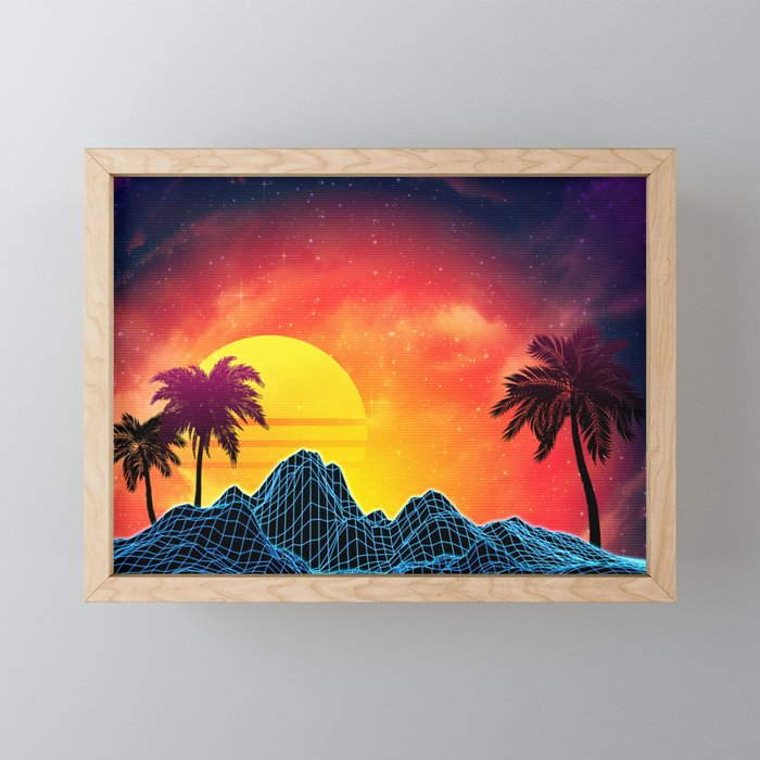Sunset Vaporwave Landscape With Rocks And Palms Framed Mini Art