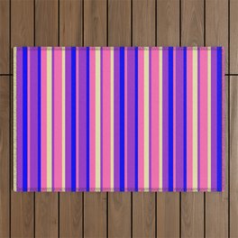 [ Thumbnail: Hot Pink, Pale Goldenrod, Dark Orchid & Blue Colored Stripes Pattern Outdoor Rug ]