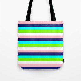 [ Thumbnail: Pink, Midnight Blue, Cyan, Chartreuse, and White Colored Lined/Striped Pattern Tote Bag ]