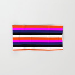 [ Thumbnail: Vibrant White, Red, Magenta, Midnight Blue, and Black Colored Striped/Lined Pattern Hand & Bath Towel ]