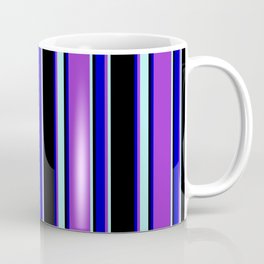 [ Thumbnail: Dark Orchid, Turquoise, Black, and Blue Colored Striped/Lined Pattern Coffee Mug ]