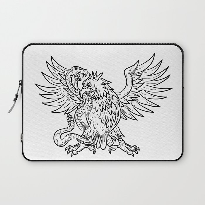 Mexican Eagle Fighting Rattlesnake Drawing Black and White Laptop Sleeve