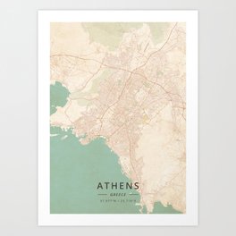 Athens, Greece - Vintage Map Art Print