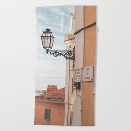 Vintage lantern in Lisbon art print - summer mediterranean street and travel photography Beach Towel