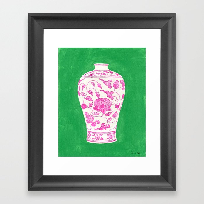 Pink Ginger Jar 4 on Kelly Green Framed Art Print